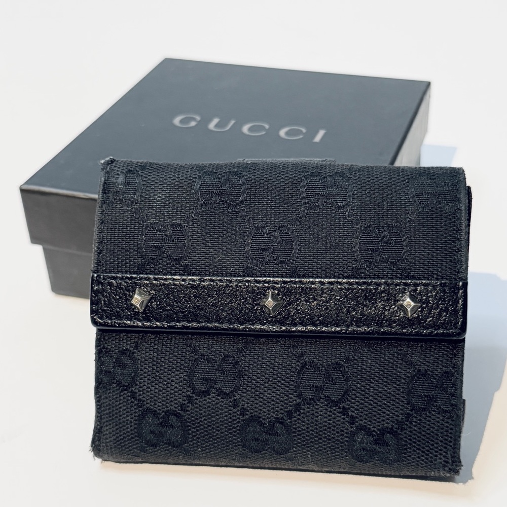 Gucci Black GG Canvas and Leather Studded Compact Wallet